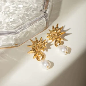 18K Gold Plated Stainless Steel Seahorse Spiral Stud Earrings for Women with Irregular Pearl