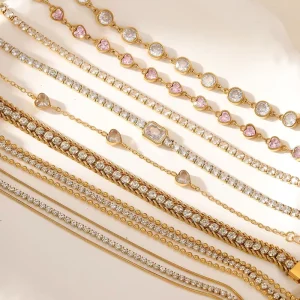 18K Gold Plated Stainless Steel Snake Twisted Chain Cuban Chain Iced Out CZ Full Diamond Heart Tennis Chain Bracelet