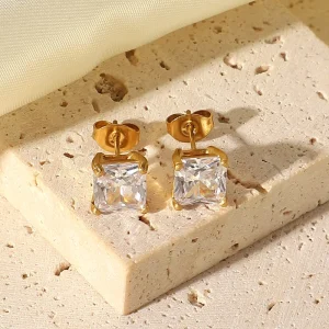 18K Gold Plated Stainless Steel Square Zircon Stud Earrings