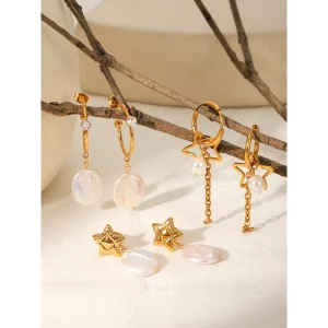 18K Gold Plated Stainless Steel Star Baroque Pearl Earring Set