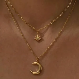 18K Gold Plated Stainless Steel Star Moon Double Layer Necklace for Women Dainty Celestial Pendant Choker Jewelry