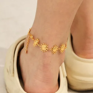 18K Gold Plated Stainless Steel Sun Anklet for Women Summer Beach Boho Jewelry Waterproof Tarnish Free Ankle Bracelet