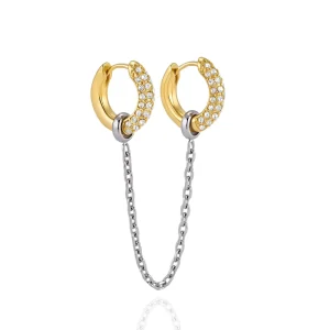 18K Gold Plated Stainless Steel Two Tone Double Piercing Huggie Hoop Earrings with Chain Tassel and White Zirconia