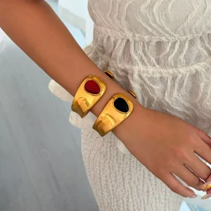 18K Gold Plated Stainless Steel Vintage Skeleton Natural Stone Women’s Engagement Bangles