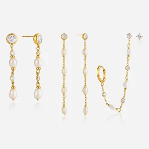 18K Gold Plated Stainless Steel Waterproof Asymmetric Freshwater Pearl Long Tassel Stud Hoop Earrings Set