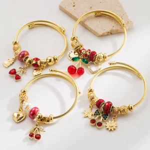 18K Gold Plated Stainless Steel Waterproof Bracelet Cherry Charm Bracelet for Women