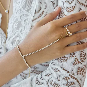 18K Gold Plated Stainless Steel White Rhinestone Chain Finger Bracelet Minimalist Versatile Women’s Hand Jewelry Bulk