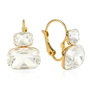 18K Gold Plated Stainless Steel White Square Double Layer Rhinestone Stud Earrings for Women Dainty Sweet Jewelry