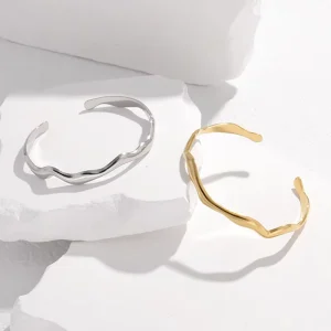 18K Gold Plated Stainless Steel Women’s Bracelet Fluid Wavy Minimalist Open Cuff Waterproof Bangles