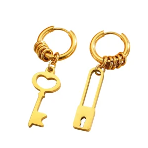 18K Gold Plated Stainless Steel Women’s Punk Charm Circle Tassel Pendant Geometric Shape Key Earrings