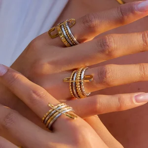 18K Gold Plated Stainless Steel Women’s Trendy Fashion Ring Multi Layer Geometric Rhinestone Twist Paper Clip Waterproof Design