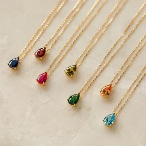 18K Gold Plated Teardrop Birth Stone Pendant Necklace Stainless Steel CZ Zircon Gemstone Diamond Birthstone Charm Necklace