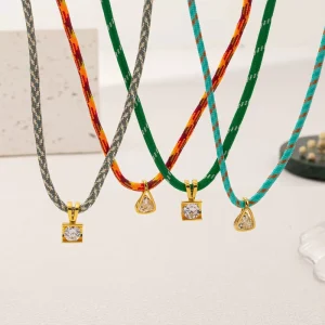 18K Gold Plated Trendy Woven Rope Gold Zircon Charm Necklace Hand knotted Personalized Jewelry for Women Daily Gift