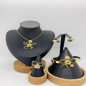 18K Gold Plated Triangle Flower Necklace Earrings Bracelet Ring Combination Set Stainless Steel Jewelry Set for Women