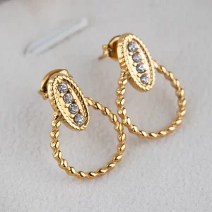 18K Gold Plated Twisted Hoop Earrings Paved Zircon Titanium Steel Oval Crystal Stud Drop Earrings Women Fashion Jewelry
