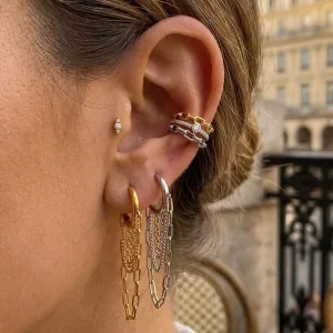 18K Gold Plated Two Tone Multi Layer Chain Tassel Dangle Huggie Hoop Earrings for Womens Waterproof Stainless Steel Jewelry