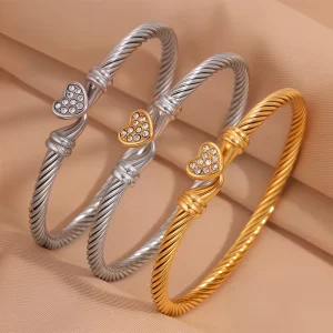 18K Gold Plated Unisex Stainless Steel Bangle Classic Diamond Heart Horseshoe Bracelet Jewelry