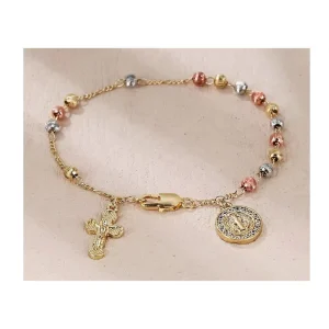 18K Gold Plated Virgin Mary Cross Zircon Charm BANGLE Religious Catholic Accessories with Rosary Fashionable and Elegant