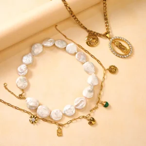 18K Gold Plated Virgin Mary Pendant Iced Cubic Zirconia Sea Water Pearl Choker Stainless Steel Layers Diamond Zircon Jewelry
