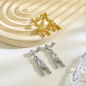 18K Gold Plated Waterproof 5A Zirconia Gesture Pendant Dangle Hoop Stainless Steel Earrings