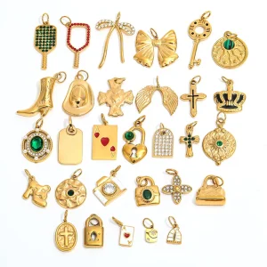 18K Gold Plated Waterproof DIY Cross Key Lock Bow Zirconia Charm Pendant Stainless Steel Jewelry