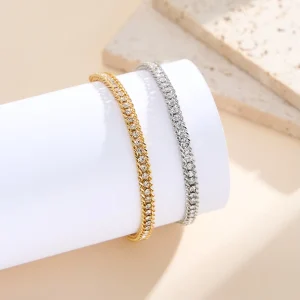 18K Gold Plated Waterproof Hip Hop Jewelry for Women Men Stainless Steel Double Row Cubic Zirconia Adjustable Bracelet STKB07