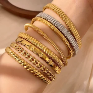 18K Gold Plated Waterproof Non Tarnish Hypoallergenic Ribbed Snake Chain & Herringbone Stackable Bracelets for Women
