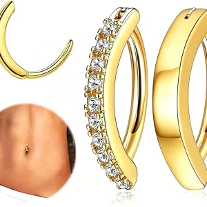 18K Gold Plated Zircon Body Piercing Belly Button Ring Waterproof Tarnish Free Hinged Hoop Navel Piercing Jewelry