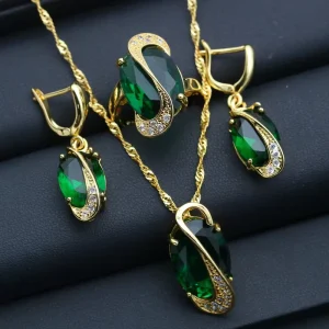 18K Gold Plated Zircon Bridal Jewelry Set for Women Wedding Party Necklace Ring Earrings Pendant Accessories