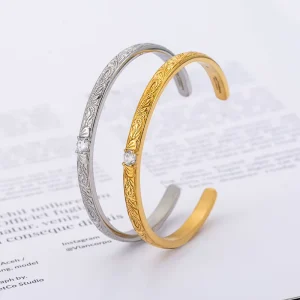 18K Gold Plated Zircon Embossed Vine C Shaped Open Cuff Bracelet for Vintage Daily Styling
