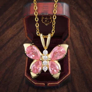 18K Gold Plated Zirconia Brass Butterfly Pink Diamond Pendant Necklace Classic Personalized Children’s Parties