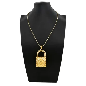 18K Gold Plated Zirconia Lock Pendant Necklace Vintage Embossed Padlock Chain Necklace for Women BK250197