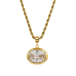 18K Gold Plating Simple Trendy Collar Waterproof Choker Stainless Steel Jewelry Oval Zircon Pendant Necklaces P253622