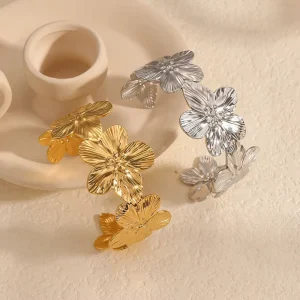 18K Gold Plating Stainless Steel Adjustable Bangle Bracelet Flower All-Match Bracelet for Women