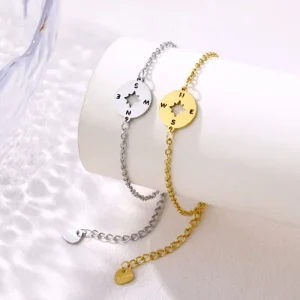 18K Gold Plating Stainless Steel Compass Charm Bracelet Jewelry