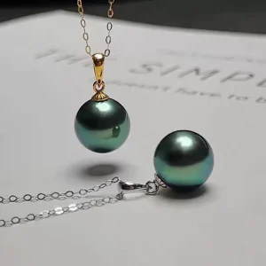 18K Gold Platinum Plated Traditional Round AAAA Luxury Black Tahitian Pearls Pendant Necklace