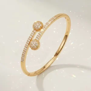 18K Gold Silver Plated Copper Zircon CZ Crystal Inlaid Open Bangle Bracelet for Women