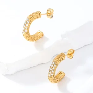 18K Gold Stainless Steel Costume Jewelry C Shaped Pearl Hoop Earrings for Women Bobble Style Hoop Earring