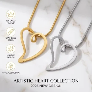 18K Gold Stainless Steel Curved Heart Pendant Snake Chain Necklace Minimalist Jewelry for Women Daily Accessories