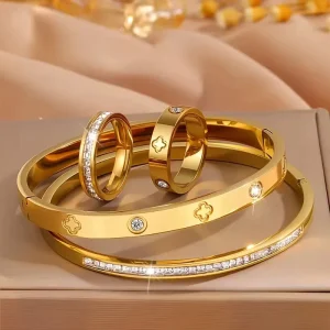18K Gold Stainless Steel Fashion Jewelry Bracelet Rings Flower Nail Set Zircon for Couples