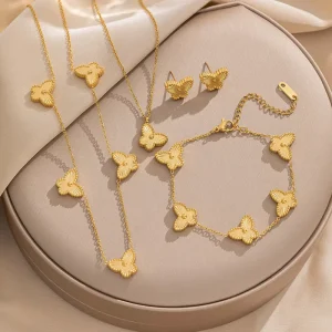 18K Gold Stainless Steel Fashion Jewelry Set Includes Butterfly Pendant Necklace Chain Bracelet Stud Earrings with Zircon Gift