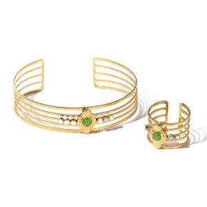 18K Gold Stainless Steel Hollowed Wide Edge Bracelet Ring Set Hand Jewelry
