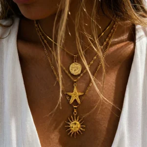 18K Gold Stainless Steel Star shaped Three layer Overlapping Necklace