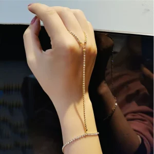 18K Gold Stainless Steel White Rhinestone Full Diamond Chain Finger Bracelet Jewelry for Women