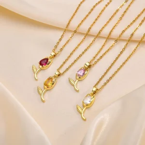 18K Gold Tulip Style Zircon Copper Pendant Necklace for Women