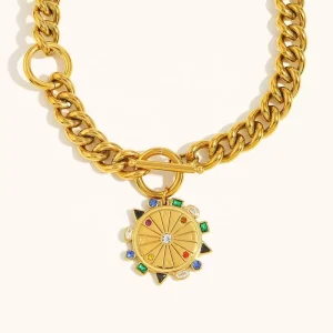 18K Gold Unisex Chunky Cuban Chain Stainless Steel Zircon Compass Pendant Necklace Beaded Jewelry