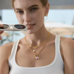 18K Gold plated Heart Shape Zircon Waterproof Stainless Steel Necklace Pearl and Gold Beads Claw Setting for Daily Wear Gift