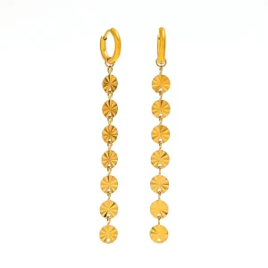 18K Gold plated No Fade Fashion Long Round Disc Tassel Huggie Stainless Steel Earring for Women
