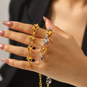 18K Gold-plated Stainless Steel Anti-Tarnish Pig Nose Clasp Chain Link Bracelet Couple Set