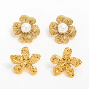 18K Gold plated Waterproof Chunky Cute Fashion Flower Pearl Stud Stainless Steel Earring for Women